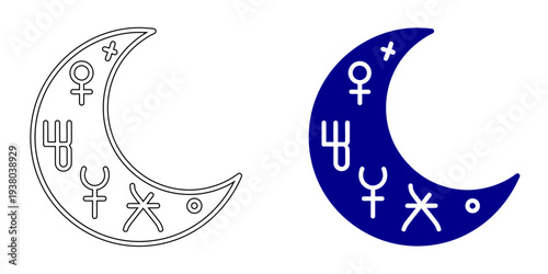 Celestial Moon Icon Featuring Astrology Symbols Representing Zodiac Signs Mystery Spirituality and Esoteric Wisdom Symbol in Minimal Navy Blue and Outline Style