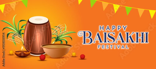 Happy Baisakhi Festival Greeting Banner with Dhol Drum, Wheat and Traditional Harvest Festival Elements
