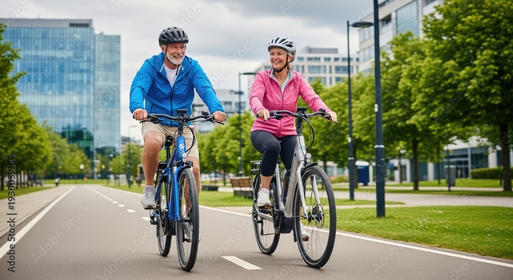 Naklejka premium Smiling senior couple riding bicycles along city street with urban buildings in background. Concept of active retirement, healthy lifestyle, and joyful elderly life in the city.