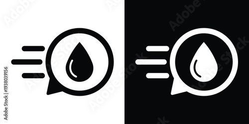 Clean vector icon of a water droplet inside a motion speech bubble. Represents hydration, liquid purity, environmental conservation, plumbing services, or eco-friendly concepts.
