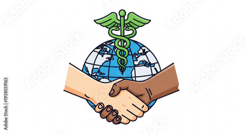 Global healthcare partnership hands shaking in front of earth globe with rod of asclepius symbol