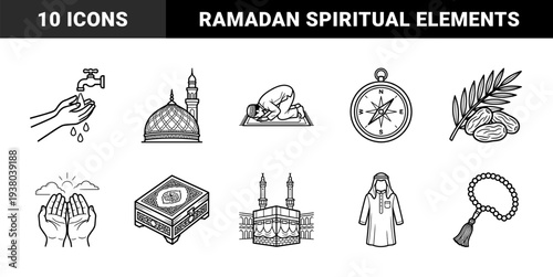 Islamic religious practice and Ramadan tradition elements for educational materials. Clean monolinear pictograms featuring spiritual worship and cultural heritage symbols.