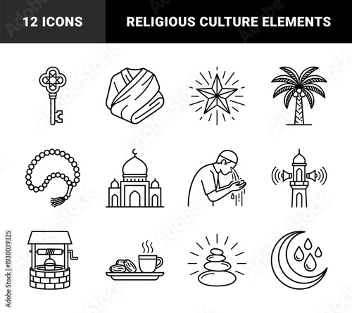 Islamic religious symbols and Hajj pilgrimage rituals featuring Kaaba cloth, prayer beads, and Zamzam well in monoline aesthetic.