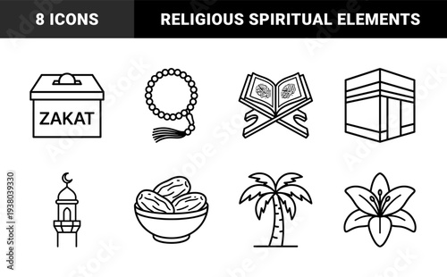 Islamic religious traditions and Ramadan observance symbols. Minimalist monoline pictograms featuring Quran, Zakat box, prayer beads, and Kaaba for spiritual content.