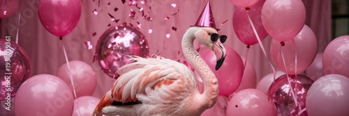  Funny chimpanzee wearing sunglasses and hat, holding happy birthday balloons and confetti explosion flying around greeting card invitation on yellow background with copy space