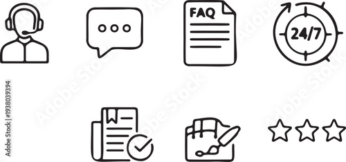 A clear set of customer support and service-related line icons featuring a headset, chat bubble, FAQ document, and 24/7 support availability.