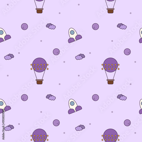 Hot air balloon and rocket in the space cartoon so cute. On cloud moon star purple background. Pattern seamless vector illustration.