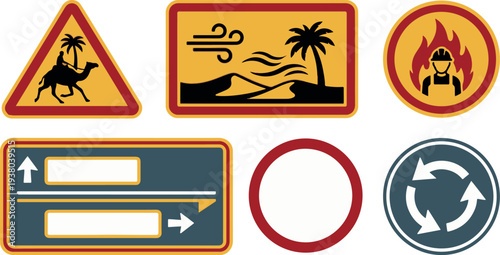 Warning and Informational Signs for Desert Travel and Safety
