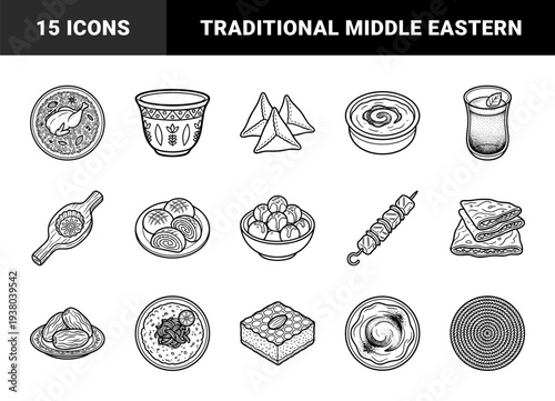 Middle Eastern cuisine and Ramadan Iftar food elements in a detailed monolinear hand-drawn style. Traditional Arabic dishes and cultural snacks for menu design and culinary storytelling.