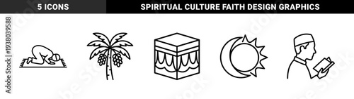 Islamic religious symbols and Ramadan traditions featuring prayer, dates, Kaaba, Quran reading, and lunar phase in minimalist monoline style.