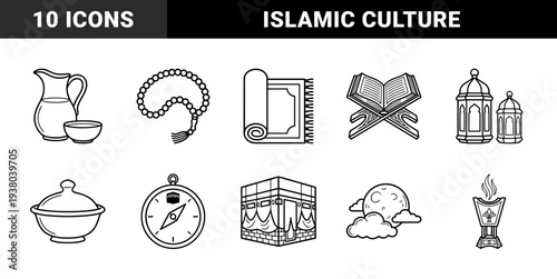 Islamic religious tradition and Ramadan celebration elements. Minimalist monoline black and white graphics featuring prayer rugs, Quran, and Kaaba symbols.