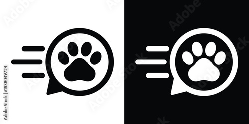 Animal paw print icon inside a speech bubble with motion streaks. Modern black and white vector for fast pet delivery, emergency veterinary services, or quick grooming care.