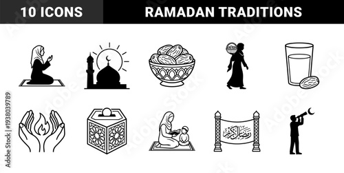 Ramadan religious traditions and Islamic cultural observances. Minimalist black and white line art featuring prayer, fasting, charity, and lunar sighting.