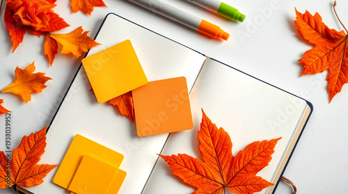 planner, pens and yellow autumn leaves on the table
