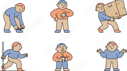 Male Character Illustrations Showing Daily Activities and Frustration Emotions
