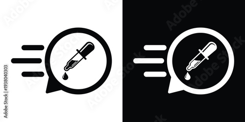 Dropper pipette icon with a liquid drop inside a speech bubble with motion lines. Vector design for fast color picking, medical testing, or quick lab results and sampling.