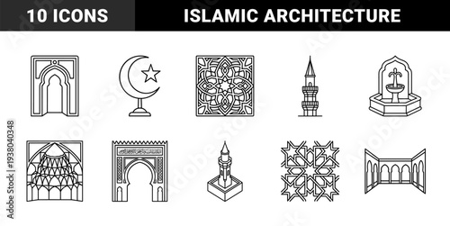 Islamic architectural elements and cultural symbols in technical monoline style. Geometric patterns, minaret, crescent star, and prayer niche for religious design.