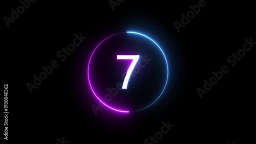 A dynamic circular animation, and glowing count neon number 7 animation . on a black background. and creating a stunning 4k video.