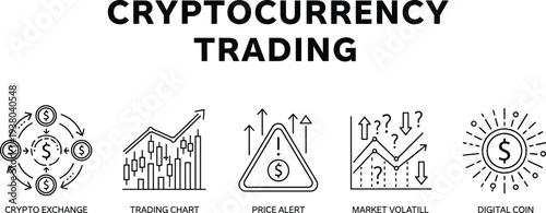 Cryptocurrency trading concept icons set with crypto exchange trading chart price alert market volatility and digital coin finance illustration