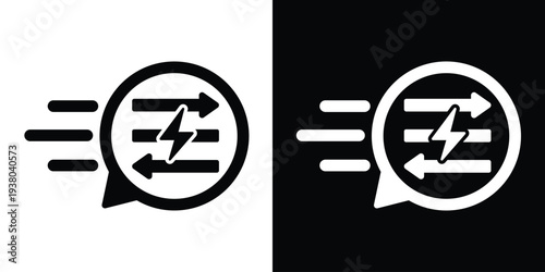 Speeding lightning bolt with exchange arrows in a speech bubble. Black and white vector for fast data transfer, energy exchange, and quick syncing.