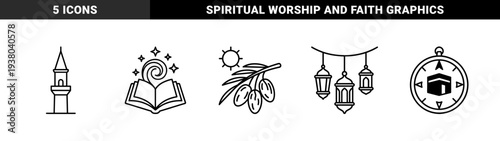 Islamic religious symbols and Ramadan traditions in monoline style featuring dates branch, open Quran, minaret, Qibla compass, and hanging lanterns.