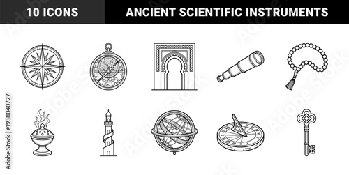 Ancient navigation and Islamic heritage line art featuring astrolabe, sundial, and telescope. Traditional Middle Eastern architectural and scientific elements.