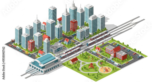 Modern Cityscape with High-Speed Trains and Green Spaces.