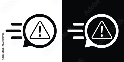 Fast warning triangle icon in a speech bubble with motion lines. Black and white vector for emergency alerts, hazard notifications, and rapid response.