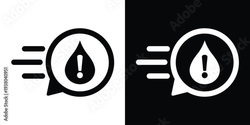 Fast water drop icon with exclamation mark in a speech bubble. Black and white vector symbol for urgent hydration, plumbing alerts, or oil warnings.