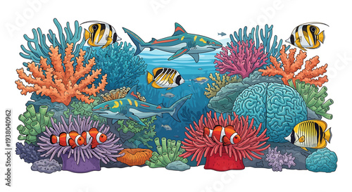 Vibrant underwater scene with diverse marine life, colorful coral, and fish swimming together in the ocean