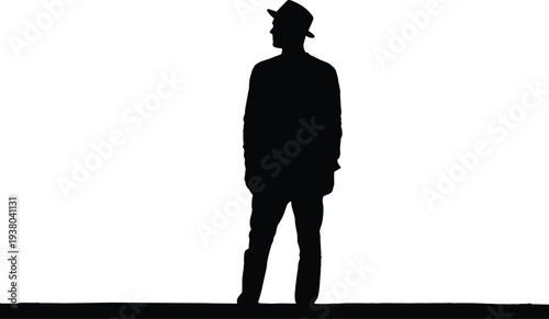 Black silhouette of a man wearing a hat standing and looking away isolated on white background for lifestyle and fashion
