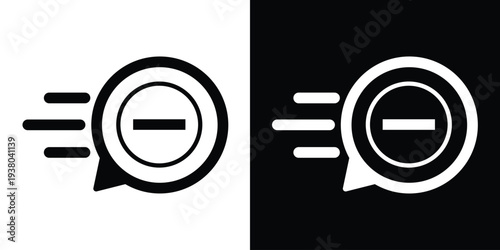 Minimalist fast remove icon showing a minus sign in a speech bubble with speed lines. Professional vector set for quick deletion, subtraction, and rapid negative actions.
