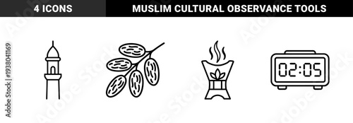 Islamic cultural and religious observance elements for ramadan graphics. Monoline black and white pictograms featuring minaret, dates, alarm clock, and bakhoor burner.