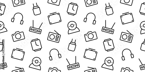 Seamless multimedia pattern with electronic gadgets icons: camera, headphone, radio, smartwatch, webcam, and router. Linear vector for tech and digital lifestyle.