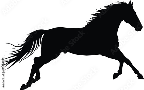Black silhouette of a powerful stallion horse galloping and jumping forward with flowing mane and tail on white background vector