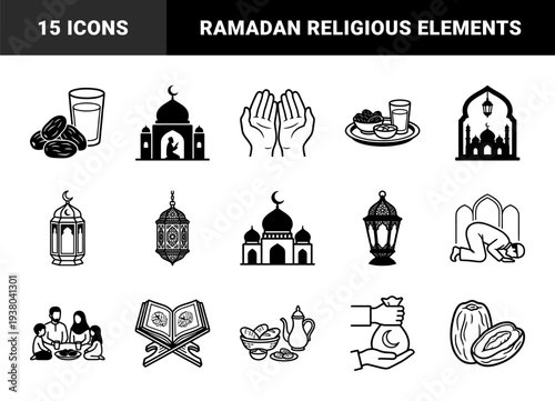 Islamic Ramadan and Eid religious observance elements. Minimalist bold monoline graphics featuring mosques, prayer rituals, dates, and festive lanterns.
