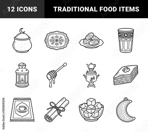 Middle Eastern tea culture and Ramadan traditional food elements. Hand-drawn monoline illustrations featuring samovar, dates, baklava, and ornamental lantern for cultural storytelling.