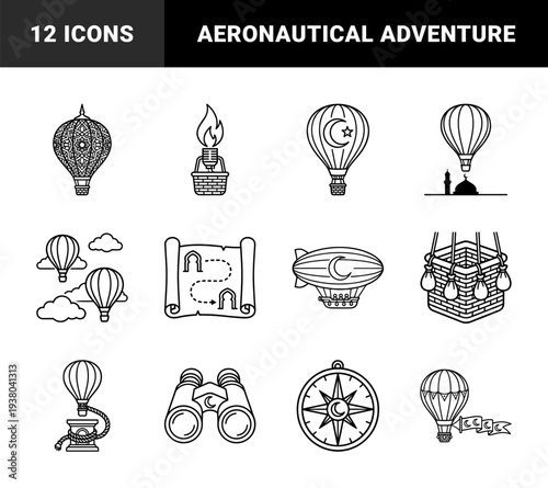 Islamic travel and aeronautical adventure elements featuring hot air balloons, ornate blimps, and navigation tools in a technical monoline style.