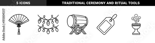 Cultural celebration and festive tradition line art featuring ceremonial drum, hanging lights, folding fan, price tag, and incense burner. Clean monoline aesthetic for holiday branding.