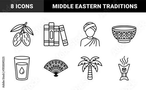Islamic heritage and Ramadan cultural elements for religious educational materials. Technical monolinear graphics featuring dates, calligraphy books, and traditional lanterns.