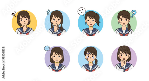 Collection of teenage schoolgirls in uniform showing various expressions of confusion, worry, and deep thought in circular frames.
