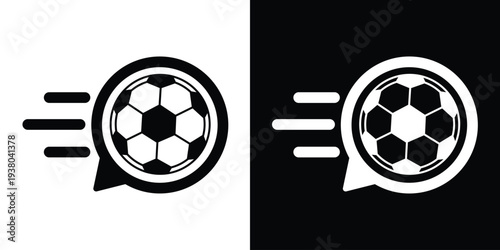 Minimalist soccer ball icon in a speech bubble with speed lines. Black and white vector set representing fast sports news, live match scores, and rapid football updates.