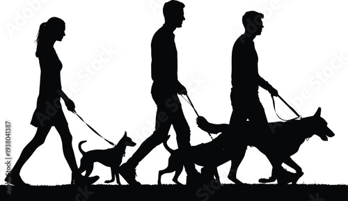 Black silhouette of people walking dogs on leashes, group of men and women with pets in park, animal friendship concept,