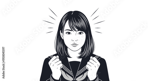 Determined schoolgirl in a sailor uniform clenching her fists with a strong and motivated expression in a black and white sketch.