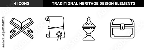 Cultural heritage and historical documentation monoline elements. Traditional Quran stand, wax sealed scroll, incense burner, and antique treasure chest pictograms.