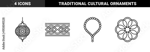 Islamic cultural ornaments and traditional symbols featuring ramadan lantern prayer beads and geometric arabesque patterns in monoline aesthetic.