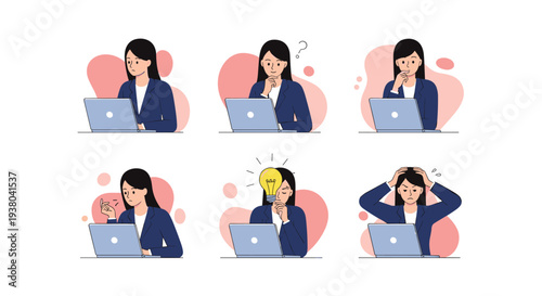 Professional woman working on a laptop while displaying different emotional states including thinking, confusion, stress, and inspiration.