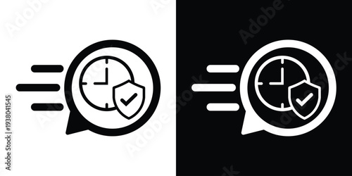 Protection shield with checkmark and clock icon in a speed bubble. Symbol for fast security, insurance, time-sensitive protection, or rapid technical support and safety services.