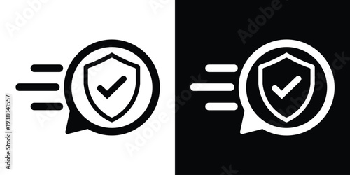 Secure shield icon with a checkmark inside a fast-motion speech bubble. Vector symbol for quick verification, fast security approval, rapid protection, and trusted safety services.