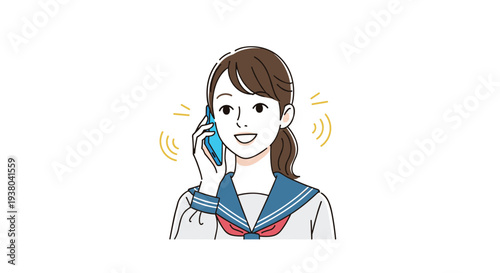 Happy teenage schoolgirl in a blue sailor uniform holding a smartphone to her ear and smiling while having a conversation.